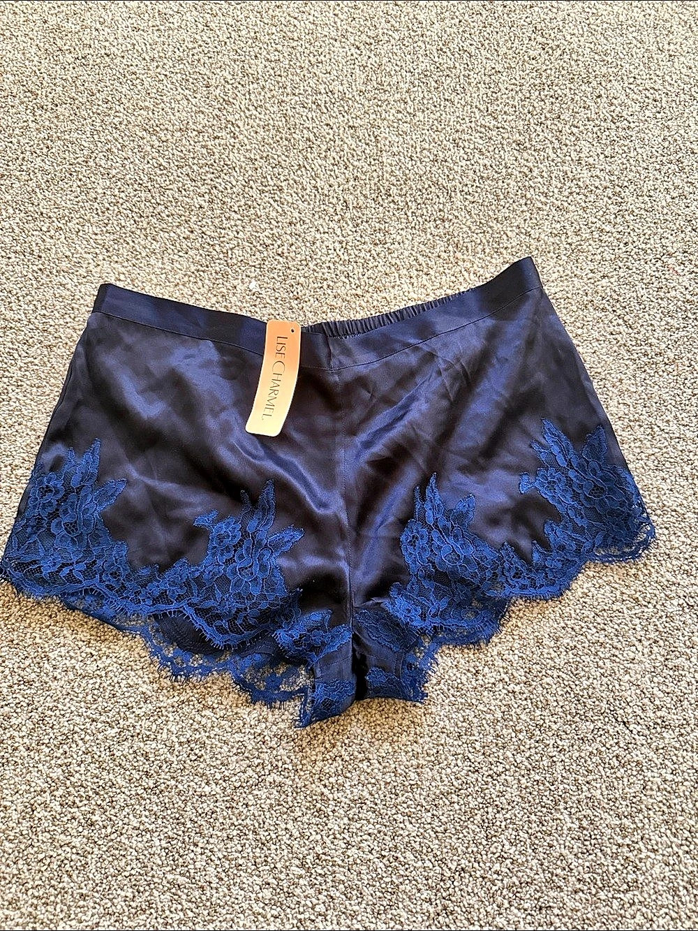 Lise Charmel Silk Lace-Trim Shorts in Blue & Black US 4 NWT